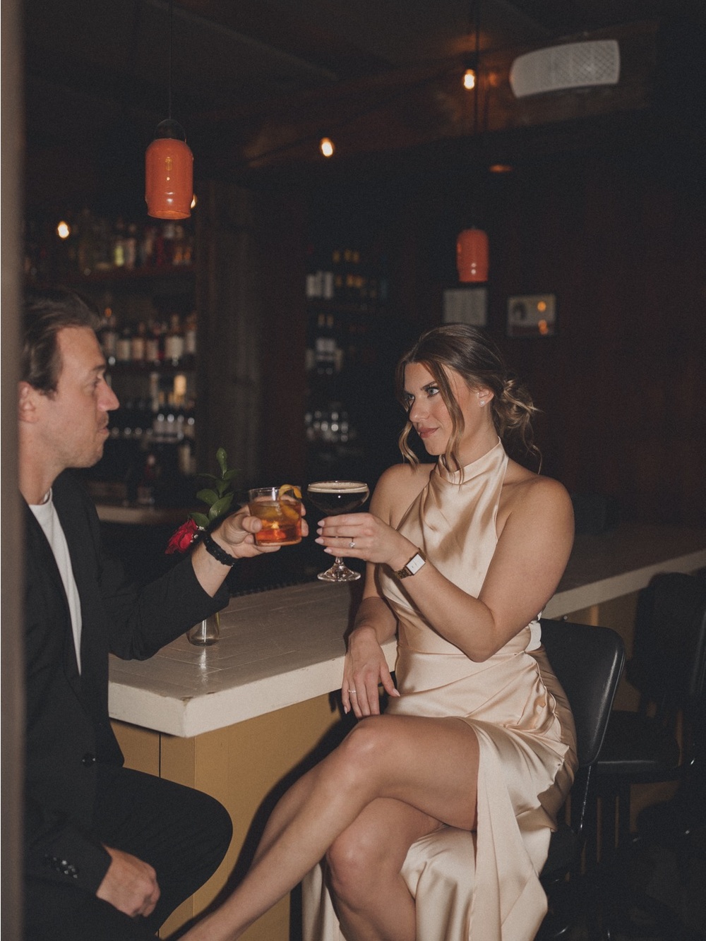 Hello Molly Champagne Satin Halter Midi Dress with Side Slit - Picture 2 of 3